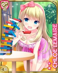  all_fours barefoot blonde_hair blue_eyes bow breasts character_name chloe_lemaire cleavage curtains female girlfriend_(kari) hairband hairbow indoors jenga long_hair nightgown official_art open_mouth pink_nightgown plant potted_plant qp:flapper ribbon solo surprised table toes 