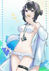  absurdres ahoge arknights bad_id bad_pixiv_id ball bare_shoulders barefoot beachball bikini black_hair blue_background breasts cleavage feather_hair_ornament feathers female gradient_background hair_bun hair_ornament highres holding holding_ball id_card jacket jacket_over_swimsuit la_pluma_(arknights) la_pluma_(summer_flowers)_(arknights) leg_up long_sleeves medium_breasts mizuhashi_parusui navel off_shoulder official_alternate_costume open_clothes open_jacket purple_eyes short_hair single_hair_bun single_side_bun solo standing standing_on_one_leg stomach swimsuit thigh_strap whistle whistling white_bikini white_jacket 