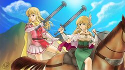  2girls armor bad_id bad_twitter_id belt blonde_hair blue_sky breastplate brown_eyes cape clenched_hand cloud commentary day daybreak_vision dress earrings english_commentary fire_emblem fire_emblem:_genealogy_of_the_holy_war gloves green_dress green_eyes highres holding holding_sword holding_weapon horse jewelry lachesis_(fire_emblem) lands_sword long_hair miniskirt mother_and_daughter mountain multiple_girls nanna_(fire_emblem) necklace outdoors pauldrons pink_shirt pleated_skirt puffy_short_sleeves puffy_sleeves purple_belt purple_cape riding shirt short_dress short_hair short_sleeves shoulder_armor skirt sky sword thighhighs weapon white_gloves white_skirt wing_hair_ornament yellow_cape yellow_thighhighs zettai_ryouiki 