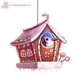  2015 avian bird birdhouse black_body black_feathers blue_body blue_feathers blue_jay brown_eyes candy candy_cane christmas corvid dessert digital_media_(artwork) digital_painting_(artwork) english_text feathers food frosting gingerbread gingerbread_house holidays humor jay_(bird) lollipop male new_world_jay oscine passerine peppermint_(candy) piper_thibodeau pun simple_background text url visual_pun white_background white_body white_feathers 