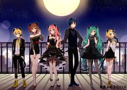  2boys 4girls animal_ears anniversary aqua_eyes aqua_hair artist_name asagao_minoru backlighting black_dress black_gloves black_jacket black_pants black_shirt black_skirt black_vest blonde_hair blue_eyes blue_hair blue_neckwear bow bowtie brown_eyes brown_hair cat_ears chinese_clothes cityscape claw_pose commentary company_name copyright_notice crypton_future_media detached_collar dress everyone formal full_moon gloves hand_on_own_cheek hand_on_own_face hand_on_own_hip hand_up hands_in_pockets hatsune_miku high-low_skirt jacket kagamine_len kagamine_rin kaito_(vocaloid) lineup long_hair looking_at_viewer matching_outfits megurine_luka meiko_(vocaloid) moon multiple_boys multiple_girls neck_ribbon necktie night night_sky official_alternate_costume official_art open_mouth outdoors pants pantyhose pink_hair polka_dot polka_dot_shirt railing ribbon see-through see-through_dress_layer see-through_shirt see-through_skirt_layer see-through_sleeves shadow shirt shirt_over_dress short_dress short_hair short_sleeves skirt skirt_hold sky slippers smile spots standing star_(sky) starry_sky strapless strapless_dress suit twintails very_long_hair vest vocaloid white_shirt wide_shot yellow_bow yellow_bowtie yellow_ribbon 