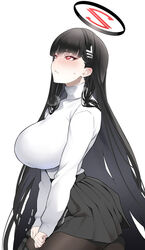  black_hair black_skirt blue_archive blush breasts brown_pantyhose female hair_ornament hairclip halo large_breasts long_hair long_sleeves looking_up pantyhose red_eyes rio_(blue_archive) skirt soba_(saz) solo sweater turtleneck turtleneck_sweater very_long_hair white_sweater 