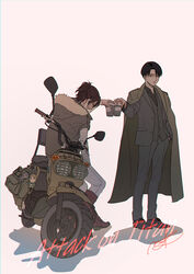  1boy 1other absurdres alternate_costume backpack bag black_hair brown_footwear brown_hair character_doll coat copyright_name cup disposable_cup formal full_body hand_in_pocket hange_zoe highres levi_(shingeki_no_kyojin) macaronk male_focus moblit_berner motor_vehicle motorcycle onyankopon_(shingeki_no_kyojin) shingeki_no_kyojin shoes signature simple_background suit white_background 