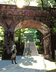  backpack bag black_footwear black_pants bridge brown_coat bush coat colored_skin commentary_request dappled_sunlight day female from_behind highres horns kakuzato kyoto lens_flare long_hair looking_at_viewer looking_back oni_horns open_mouth original outdoors pants partial_commentary railing real_world_location red_skin scenery shade shrine signature solo stairs sunlight tail tree white_hair wide_shot 