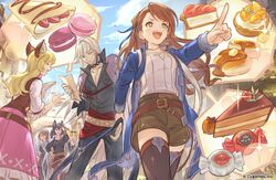  +_+ 1boy 5girls ^_^ artist_request beatrix_(granblue_fantasy) belt black_hair blonde_hair blouse brown_eyes brown_hair brown_legwear butter cake candy cassius_(granblue_fantasy) casual closed_eyes crepe dress erune food fruit glasses granblue_fantasy grey_eyes gwynne_(granblue_fantasy) hair_intakes hair_ribbon hand_on_own_hip holding_another&#039;s_wrist ilsa_(granblue_fantasy) long_hair macaron multiple_girls official_art one_eye_closed open_mouth pancake pie pink_dress pointing popped_collar ribbon shirt shorts smile sparkle spoken_food strawberry sunglasses syrup thighhighs twintails very_long_hair vest white_hair zeta_(granblue_fantasy) 