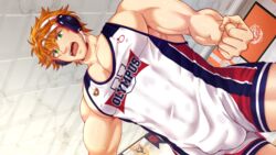  1boy bara bryce_callahan bulge ceiling collaboration cowboy_shot dutch_angle freckles green_eyes highres indoors jock_studio_(blits_games) male_focus mikkoukun muscular muscular_male non-web_source official_art open_mouth orange_hair pectorals short_hair solo teeth tongue upper_teeth_only variant_set wrestling_outfit zamius 