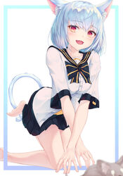  :d animal animal_ear_fluff animal_ears barefoot black_bow black_sailor_collar black_skirt blue_background blue_hair blurry blurry_foreground bow cat_ears cat_girl cat_tail commentary crossed_arms depth_of_field dress_shirt female h2o_(dfo) highres looking_at_viewer oerba_yun_fang open_mouth original pleated_skirt red_eyes sailor_collar school_uniform serafuku shirt short_sleeves skirt smile solo striped striped_bow tail two-tone_background white_background white_shirt 