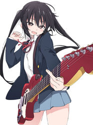  bad_id bad_pixiv_id black_hair blazer blue_skirt blush bright_pupils brown_eyes commentary_request electric_guitar female fender_mustang guitar instrument ixy jacket k-on! long_hair long_sleeves nakano_azusa neck_ribbon open_clothes open_jacket open_mouth pleated_skirt red_ribbon ribbon sakuragaoka_high_school_uniform school_uniform shirt simple_background skirt smile solo twintails white_background white_pupils white_shirt winter_uniform 