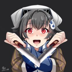  bandana black_background black_hair blue_serafuku brown_shawl crossed_arms dual_wielding eyebrows_visible_through_hair female hair_between_eyes hair_flaps hair_ornament hairband hairclip headgear heart heart-shaped_pupils highres holding jingei_(kantai_collection) kantai_collection knife long_hair long_sleeves neckerchief open_mouth red_eyes sailor_collar school_uniform serafuku simple_background symbol-shaped_pupils tk8d32 two-tone_hairband whale_hair_ornament white_neckwear 