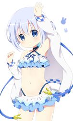  :o alternate_hairstyle bikini bikini_skirt blue_eyes blush criss-cross_halter double_bun female frilled_bikini frills gochuumon_wa_usagi_desu_ka? grey_hair hair_between_eyes hair_bun halterneck hand_up highres kafuu_chino kirara_fantasia long_hair looking_at_viewer navel rabbit-hinata solo stomach swimsuit 