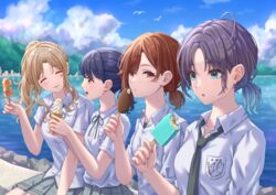  4girls absurdres ahoge asakura_toru blue_hair blush brown_hair commentary_request dark_blue_hair earrings eating food food_on_face fukumaru_koito grey_skirt hair_ornament hairpin highres higuchi_madoka holding holding_food holding_ice_cream ice_cream ice_cream_bar ice_cream_cone ichikawa_hinana idolmaster idolmaster_shiny_colors jewelry light_brown_hair looking_at_another looking_at_viewer mole mole_under_eye multiple_girls noctchill_(idolmaster) open_collar outdoors plaid plaid_skirt pleated_skirt ponytail purple_hair school_uniform shirt short_sleeves simoumi_217 skirt smile upper_body white_shirt 