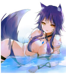  animal_ear_fluff animal_ears bikini breast_hold breasts cleavage commentary criss-cross_halter female halterneck highres large_breasts long_hair looking_at_viewer lying makoto_(princess_connect!) makoto_(summer)_(princess_connect!) midriff navel on_side open_mouth peanutc photoshop_(medium) princess_connect! purple_bikini purple_hair purple_shorts see-through shorts side-tie_bikini_bottom simple_background solo swimsuit tail water white_background wolf_ears wolf_girl wolf_tail yellow_eyes 