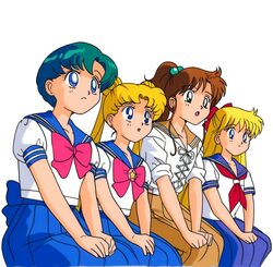  1990s_(style) 4girls :o aino_minako andou_masahiro bishoujo_senshi_sailor_moon blonde_hair blue_eyes blue_hair blue_sailor_collar blue_skirt bow brown_hair brown_sailor_collar brown_skirt closed_mouth double_bun earrings expressionless feet_out_of_frame gaijin_4koma_(meme) green_eyes hair_bun hairbow hands_on_lap high_ponytail jewelry juuban_middle_school_uniform kino_makoto kino_makoto&#039;s_school_uniform long_hair long_skirt meme mizuno_ami multiple_girls neckerchief non-web_source official_art open_mouth own_hands_together pink_bow pleated_skirt puffy_short_sleeves puffy_sleeves red_bow red_neckerchief retro_artstyle sailor_collar school_uniform serafuku shiba_koen_middle_school_uniform shirt short_hair short_sleeves simple_background sitting skirt stud_earrings three_quarter_view tsukino_usagi twintails v_arms white_background white_shirt 