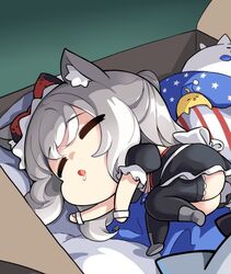  american_flag american_flag_neckwear animal_ear_fluff animal_ears ass azur_lane bed_sheet bird black_thighhighs cat_ears cat_girl chibi chick commentary detached_sleeves drooling english_commentary feline female fetal_position grey_hair hair_between_eyes hammann_(azur_lane) hm_(hmongt) long_hair lowres lying manjuu_(azur_lane) meowfficer_(azur_lane) on_side short_sleeves sidelocks sleeping thighhighs wrist_cuffs 