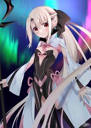  braid breasts center_opening clothing_cutout commentary cosplay crown fate/grand_order fate/kaleid_liner_prisma_illya fate_(series) female half_up_braid highres holding holding_wand illyasviel_von_einzbern magical_girl morgan_le_fay_(fate) morgan_le_fay_(fate)_(cosplay) pei_iriya ponytail red_eyes small_breasts smile solo stomach_cutout two-tone_dress wand 