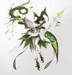  absurdres bare_shoulders blue_pupils book braid closed_mouth dew_drop earrings elf falling_leaves female florakinesis full_body glowing goyoyoo gradient_background green_footwear green_hair high_heels highres holding holding_book holding_staff jewelry leaf magic open_book original patterned patterned_clothing plant pointy_ears red_eyes short_hair solo staff torn vines water water_drop white_legwear wide_sleeves wizard 