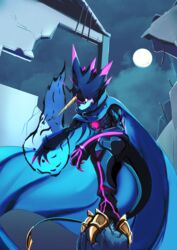  1_horn 1_leg anthro arm_on_leg arm_on_thigh bandai_namco bent_arm bent_leg black_body black_sclera blade blue_cape blue_clothing cape claws clothing destroyed_building digimon digimon_(species) digimon_ghost_game extended_arm forehead_horn gulusgammamon hi_res horn huti leaning_on_self male moon on_one_leg perching red_claws sharp_horn solo standing stinger tail tail_blade weapon_tail 