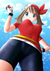  ass_visible_through_thighs bandana bike_shorts bike_shorts_under_skirt blue_eyes breasts brown_hair cameltoe female from_below gloves hair_between_eyes hand_on_own_hip holding holding_poke_ball large_breasts may_(pokemon) poke_ball poke_ball_(basic) pokemon pokemon_rse red_bandana red_shirt s.forest shirt short_hair short_sleeves solo underbust white_gloves 