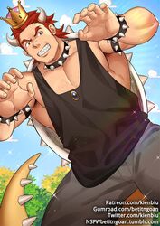  1boy armpit_peek baggy_clothes bara bare_shoulders black_tank_top bowser bracelet chest_hair collar commentary cowboy_shot crocodilian_tail crown english_commentary facial_hair forked_eyebrows grey_pants gumroad_username humanization jewelry kienbiu king_koopa large_pectorals male_focus mario_(series) muscular muscular_male orange_hair paid_reward_available pants patreon_username paw_pose pectorals sharp_teeth short_hair sideburns solo spiked_bracelet spiked_collar spikes spread_legs stubble tail tank_top teeth the_super_mario_bros._super_show! thick_thighs thighs tumblr_username twitter_username watermark web_address 