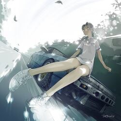  artist_name car commentary english_commentary female grey_hair highres initial_d jettoburikku leaf long_hair motor_vehicle nissan nissan_s13_silvia nissan_sileighty nissan_silvia no_pants outdoors road satou_mako shirt shoes short_sleeves sneakers solo sports_car t-shirt watermark white_footwear white_shirt 