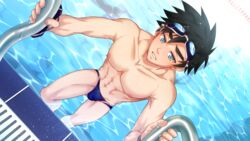  1boy abs avan_geiserford black_hair blue_eyes blue_male_swimwear climbing_ladder collaboration feet_out_of_frame goggles goggles_on_head highres jock_studio_(blits_games) male_focus male_swimwear mikkoukun nipples non-web_source official_art parted_lips pool pool_ladder short_hair solo teeth variant_set water zamius 