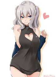  absurdres alternate_costume bare_shoulders black_dress blue_eyes blush breasts cleavage_cutout clothing_cutout dress duplicate female grey_hair hair_in_own_mouth halter_dress halterneck heart_cutout highres jacket kantai_collection kashima_(kancolle) long_hair looking_at_viewer no_headwear pixel-perfect_duplicate saku_(kudrove) solo twintails 