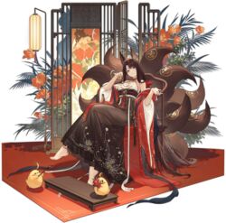  absurdly_long_hair akagi_(azur_lane) akagi_(dawn_phoenix&#039;s_summons)_(azur_lane) animal_ears architecture azur_lane bare_shoulders breasts brown_dress brown_hair chinese_clothes cleavage crossed_legs dress female flower full_body hanfu highres kitsune kurumi_(recycllamo) kyuubi long_hair manjuu_(azur_lane) medium_breasts multiple_tails nail_polish official_alternate_costume official_art open_clothes orange_eyes red_flower red_nails see-through see-through_dress sitting solo tail tail_ornament transparent_background very_long_hair wide_sleeves 