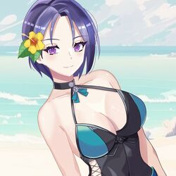  absurdres black_choker black_one-piece_swimsuit blue_one-piece_swimsuit breasts choker female fire_emblem fire_emblem:_three_houses fire_emblem_heroes flower hair_flower hair_ornament halterneck highres hip_vent large_breasts looking_at_viewer n_54 official_alternate_costume one-piece_swimsuit purple_eyes purple_hair shamir_nevrand shamir_nevrand_(summer) smile solo swimsuit two-tone_swimsuit upper_body 