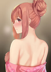  back back_focus bare_back blush brown_background commentary_request female from_behind hair_bun highres idolmaster idolmaster_million_live! koukoku long_hair looking_at_viewer looking_back open_mouth pink_hair red_eyes shoulder_blades single_hair_bun solo tanaka_kotoha upper_body 