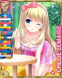  all_fours barefoot blonde_hair blue_eyes bow breasts character_name chloe_lemaire cleavage curtains female girlfriend_(kari) hairband hairbow indoors jenga long_hair nightgown official_art one_eye_closed open_mouth pink_nightgown plant potted_plant qp:flapper ribbon solo table toes 