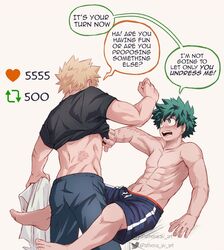  2boys athena_av bakugou_katsuki barefoot black_shirt blonde_hair blue_shorts blush boku_no_hero_academia clothes_lift commentary english_commentary english_text freckles green_eyes green_hair highres instagram_logo instagram_username looking_at_another male_focus meme midoriya_izuku multiple_boys open_mouth scar scar_on_arm scar_on_back shirt shirt_lift shorts speech_bubble spiked_hair topless_male twitter_logo twitter_strip_game_(meme) twitter_username yaoi 