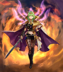  asymmetrical_clothes boots byleth_(female)_(fire_emblem) byleth_(fire_emblem) cape crest dagger embers enlightened_byleth_(female) female fire fire_emblem fire_emblem:_three_houses fire_emblem_warriors:_three_hopes green_eyes green_hair highres knife midriff navel official_alternate_costume pantyhose serious solo stup-jam sword tiara walking weapon 