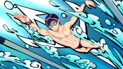  1boy abs anklet armband avan_geiserford blue_background collaboration feet goggles highres jewelry jock_studio_(blits_games) male_focus male_swimwear mikkoukun nipples non-web_source official_art solo swim_cap swimming zamius 