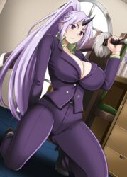  absurdres ass_visible_through_thighs belt black_footwear black_horns breasts business_suit cleavage desk female fingernails flower formal green_shirt hellandheaven high_heels highres holding holding_sword holding_weapon horns indoors kneeling large_breasts long_hair no_bra office_lady oni oni_horns open_clothes open_shirt over_shoulder pants ponytail purple_eyes purple_hair purple_nails purple_pants purple_shirt purple_suit sharp_fingernails sheath sheathed shion_(tensei_shitara_slime_datta_ken) shirt single_horn solo suit sword sword_over_shoulder tensei_shitara_slime_datta_ken vase very_long_hair weapon weapon_over_shoulder window wooden_chair 