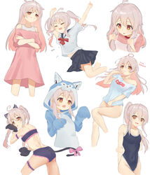  :d :o @_@ absurdres aged_up ahoge animal_costume animal_ears animal_hands arms_up ass black_skirt bottomless brown_eyes cat_ears cat_tail closed_eyes commentary competition_school_swimsuit crossed_arms female gloves grey_hair highres holding holding_own_hair long_hair multicolored_hair multiple_views oerba_yun_fang one-piece_swimsuit onii-chan_wa_oshimai! open_mouth oyama_mahiro paw_gloves pink_hair ponytail school_swimsuit school_uniform serafuku simple_background skirt smile smug sty swimsuit tail twintails two-tone_hair white_background wolf_costume 