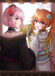  2girls absurdres black_kimono earrings feather_earrings feathers floral_print flower gradient_hair hair_flower hair_ornament highres hololive hololive_english japanese_clothes jewelry kimono looking_at_viewer mori_calliope mori_calliope_(new_year) multicolored_hair multiple_girls obi official_alternate_costume orange_hair pink_hair print_kimono purple_eyes red_eyes sash short_hair takanashi_kiara takanashi_kiara_(new_year) virtual_youtuber white_kimono wide_sleeves yuiwata_k yukata 