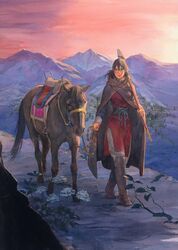  balsa brown_eyes brown_hair cape female flower full_body highres horse mountain mountainous_horizon official_art outdoors polearm seirei_no_moribito sky spear third-party_source weapon 