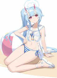  :o absurdres arm_support babydoll ball bandaged_wrist bandages bare_arms bare_legs beachball bikini blue_archive blue_hair breasts chise_(blue_archive) chise_(swimsuit)_(blue_archive) elbow_rest eruthika female front-tie_top halo highres horns light_blush long_hair navel oni_horns red_eyes sailor_collar sandals see-through side-tie_bikini_bottom side_ponytail sidelocks sitting small_breasts solo stomach string_bikini striped_bikini striped_clothes swimsuit thighs wariza white_background white_bikini white_footwear white_sailor_collar 