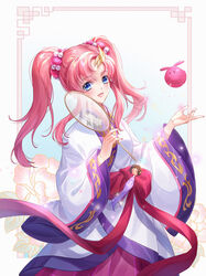  :d absurdres blue_eyes female floating_hair gundam gundam_seed gundam_seed_destiny hair_between_eyes hair_ornament haro highres holding japanese_clothes kimono lacus_clyne long_hair long_sleeves looking_at_viewer open_mouth pink_hair smile solo standing tsuna2727 white_kimono wide_sleeves 