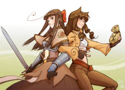  2girls ake-tan animal_ears bangs bow bow_bra bra brown_capelet brown_dress brown_eyes brown_gloves brown_hair brown_jacket brown_pants capelet chest_guard commentary_request dress feet_out_of_frame fingerless_gloves floral_print gauntlets gloves hairbow half_updo holding holding_sword holding_weapon jacket locked_arms long_hair long_sleeves looking_at_viewer looking_to_the_side moneybag multiple_girls pants ragnarok_online red_bow rose_print russian_commentary shrug_(clothing) sidelocks signature smile sword swordsman_(ragnarok_online) thief_(ragnarok_online) underwear v weapon white_bra 