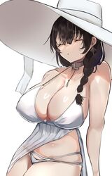  bare_shoulders bikini black_hair blue_hair blush braid braided_ponytail breasts choker cleavage closed_eyes closed_mouth collarbone earrings female goddess_of_victory:_nikke hat highres huge_breasts jewelry long_hair mary_(bay_goddess)_(nikke) mary_(nikke) multicolored_hair pelvic_curtain pouch sideboob smile solo streaked_hair sun_hat swimsuit syringe unknownnoname0 white_bikini white_hat 