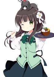  ;) absurdres animal_on_head anko_(gochiusa) blunt_bangs border bow bowtie brown_hair closed_mouth cowboy_shot female flower gochuumon_wa_usagi_desu_ka? green_bow green_bowtie green_eyes green_skirt green_vest hair_flower hair_ornament highres holding holding_tray long_hair long_sleeves on_head one_eye_closed rabbit-hinata rabbit_house_uniform shirt simple_background skirt smile solo tray twintails ujimatsu_chiya vest w_arms white_border white_shirt 