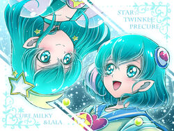  2girls :d antennae aqua_eyes aqua_hair blush character_name closed_mouth cokata commentary_request copyright_name cure_milky dual_persona earrings hagoromo_lala hair_ornament heart heart_hair_ornament jacket jewelry long_hair magical_girl multicolored_hair multiple_girls open_mouth pendant photoshop_(medium) pink_hair pointy_ears precure sailor_collar see-through see-through_sleeves short_hair smile star-shaped_pupils star_(sky) star_(symbol) star_color_pendant star_earrings star_hair_ornament star_in_eye star_twinkle_precure streaked_hair symbol-shaped_pupils symbol_in_eye upside-down white_hair 