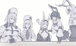  5girls anchor_symbol animal_ears azur_lane bare_shoulders black_gloves black_hairband black_jacket braid breasts chikuma_(azur_lane) chikuma_(azur_lane)_(old_design) cleavage closed_eyes closed_mouth coat coat_dress commentary_request cup detached_sleeves dress eyepatch fur-trimmed_coat fur_hat fur_trim giving_up_the_ghost gloves hair_between_eyes hairband hat hikimayu holding holding_cup jacket large_breasts le_terrible_(azur_lane) long_bangs long_hair long_sleeves looking_at_another marshall_k military_hat monochrome multiple_girls necktie o_o off_shoulder open_mouth papakha rabbit_ears shimakaze_(azur_lane) short_hair side_braid sidelocks simple_background sitting skirt small_breasts smile sovetsky_soyuz_(azur_lane) sweat tone_(azur_lane) trait_connection upper_body very_long_hair white_background white_dress white_hair white_headwear wide_sleeves 