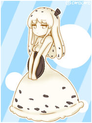  blonde_hair border breasts chocolate chocolate_chip closed_mouth colored_sclera colored_skin commentary_request cookies_&amp;_cream curss dress female food holding ice_cream jitome long_dress looking_at_viewer medium_breasts monster_girl original slime_girl solo standing twitter_username white_border yellow_eyes yellow_sclera yellow_skin 