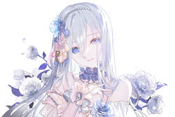  armpit_crease backlighting bare_shoulders blue_eyes carnation_recollection_(project_sekai) collar commentary crystal_hair_ornament detached_collar eyes_visible_through_hair female fingernails flower frilled_collar frilled_cuffs frills grey_hair hair_between_eyes hair_flower hair_ornament hair_over_shoulder hand_on_own_arm hand_on_own_chest hands_up headpiece key_hair_ornament leaf light_smile long_hair looking_afar mona0101 no_nose off_shoulder official_alternate_costume parted_lips pearl_hair_ornament petals project_sekai rose rose_petals simple_background solo straight_hair tearing_up tsurime very_long_hair white_background white_flower white_rose wrist_cuffs yoisaki_kanade 