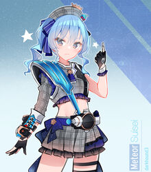  adapted_costume ascot belt beret black_gloves blue_ascot blue_belt blue_bow blue_choker blue_eyes blue_hair blue_ribbon bow bow_skirt buttons choker collared_shirt commentary_request cosplay crown dark_hound_3 double-breasted earrings female gloves grey_hat grey_jacket grey_skirt hair_between_eyes hair_ribbon hat highres hololive hoshimachi_suisei hoshimachi_suisei_(1st_costume) jacket jewelry kamen_rider kamen_rider_fourze_(series) kamen_rider_meteor kamen_rider_meteor_(cosplay) long_hair long_sleeves medium_hair midriff miniskirt one_side_up partially_fingerless_gloves pendant plaid plaid_headwear plaid_jacket plaid_skirt ribbon shirt side_ponytail sidelocks skirt skirt_set solo star_(symbol) star_earrings star_in_eye symbol_in_eye thigh_strap trait_connection virtual_youtuber white_shirt 