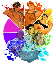  6+boys ancient_greek_clothes avatar_legends bara bare_pectorals bare_shoulders black_hair black_sclera blonde_hair blue_eyes bolin brown_hair cartoonized color_coordination color_wheel color_wheel_challenge colored_sclera crossover curtained_hair cyborg cyborg_(dc) dark-skinned_male dark_skin dc_comics fire fire_ferret flashlight fred_jones galo_thymos greco-roman_clothes green_eyes hades_(series) hades_1 hand_tattoo heart heart_tattoo hercules_(1997_film) hercules_(disney) heterochromia highres holding holding_flashlight holding_lantern holding_newspaper holding_pencil holding_photo johnny_bravo johnny_bravo_(series) lantern large_pectorals laurel_crown long_sleeves looking_at_viewer male_focus mismatched_sclera multiple_boys multiple_crossover multiple_drawing_challenge muscular muscular_male narcissism neckerchief nectar_(hades) newspaper nipples open_mouth orange_hair orange_neckerchief padeliciouss pectorals pencil photo_(object) promare reading red_eyes scooby-doo short_hair skull smile solid_oval_eyes sunglasses superhero_costume tattoo teen_titans teen_titans_go! the_legend_of_korra thick_eyebrows toon_(style) unfinished zagreus_(hades) 