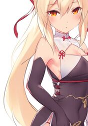  ayanami_(azur_lane) ayanami_(lunar_demon)_(azur_lane) azur_lane bare_shoulders blonde_hair blush breasts china_dress chinese_clothes commentary_request detached_sleeves dress elbow_gloves female gloves hair_between_eyes hair_ribbon highres long_hair looking_at_viewer official_alternate_costume orange_eyes ponytail red_eyes red_ribbon retrofit_(azur_lane) ribbon shishikai sidelocks solo very_long_hair 