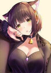  animal_ear_fluff animal_ears bell black_nails breasts brown_hair cat_ears cat_girl cleavage collar commentary_request extra_ears female hair_ribbon head_tilt idolmaster idolmaster_cinderella_girls kemonomimi_mode koukoku large_breasts looking_at_viewer nail_polish neck_bell open_mouth orange_ribbon ribbon short_hair simple_background solo takafuji_kako upper_body white_background yellow_eyes 